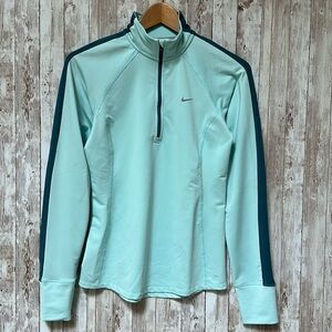 Nike Running Long Sleeve Top Small Woman's 1/4 Zip Dri-Fit Blue Aqua Reflective